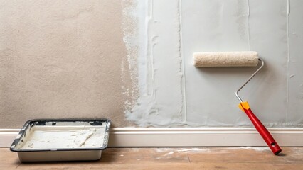 An image capturing the subtle sheen of a newly primed wall spotlighting the faint texture of the underlying materials with a paint roller positioned next to a paint tray filled