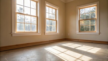 Fototapeta premium An image focused on the corner where two windows meet showcasing clean angles and the natural light pouring in creating a warm glow on the unfinished floor space.