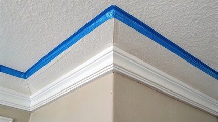 An image capturing a ceiling corner highlighting the stark contrast between the glossy white paint and the carefully applied blue painters tape perfectly aligned along the seam.