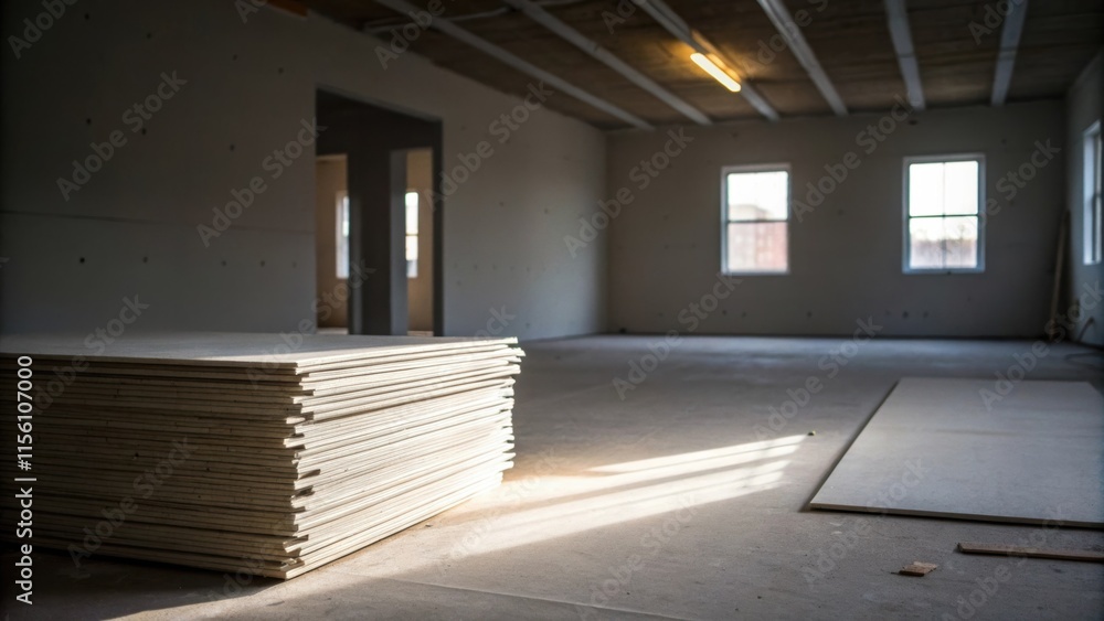 Poster An empty spacious room where a single beam of light streams through a window illuminating a haphazard stack of drywall sheets in the foreground.