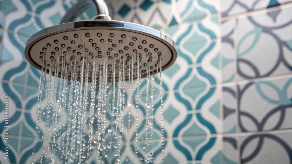 Poster an elongated shower head arches gracefully with water droplets suspended in the air positioned strat