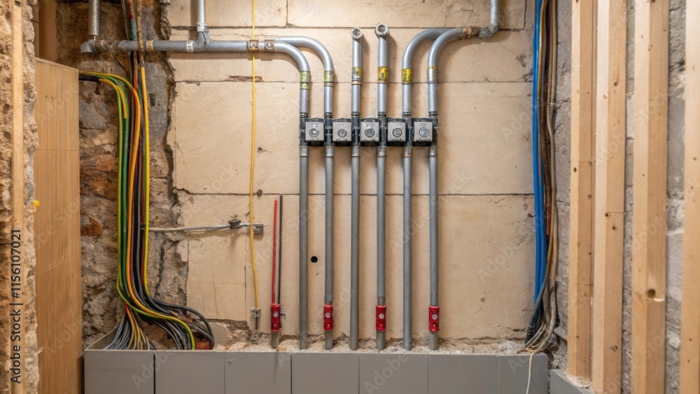 Fototapete an emotional view of a wall hosting an assortment of hooks and wires with gleaming metal pipes leadi