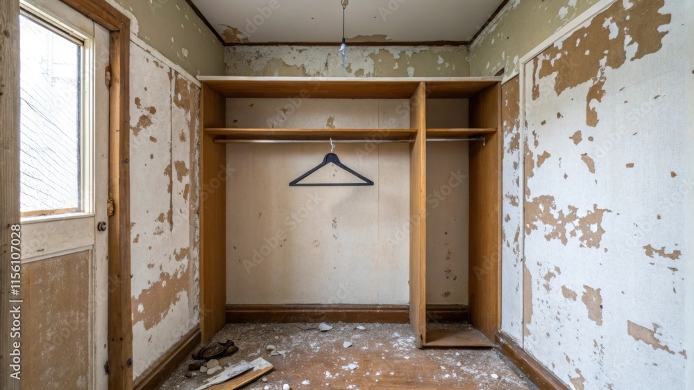 Poster An empty closet space with a single hanger left behind the walls lined with peeling paint and dusty corners harboring forgotten objects.