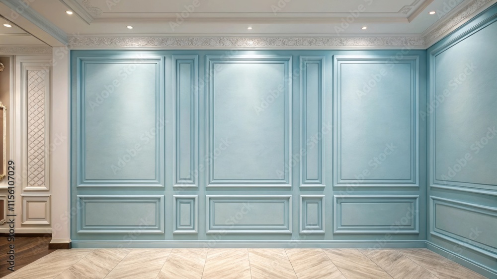 Poster an elegant soft blue accent wall that creates a serene atmosphere featuring delicate variations in c