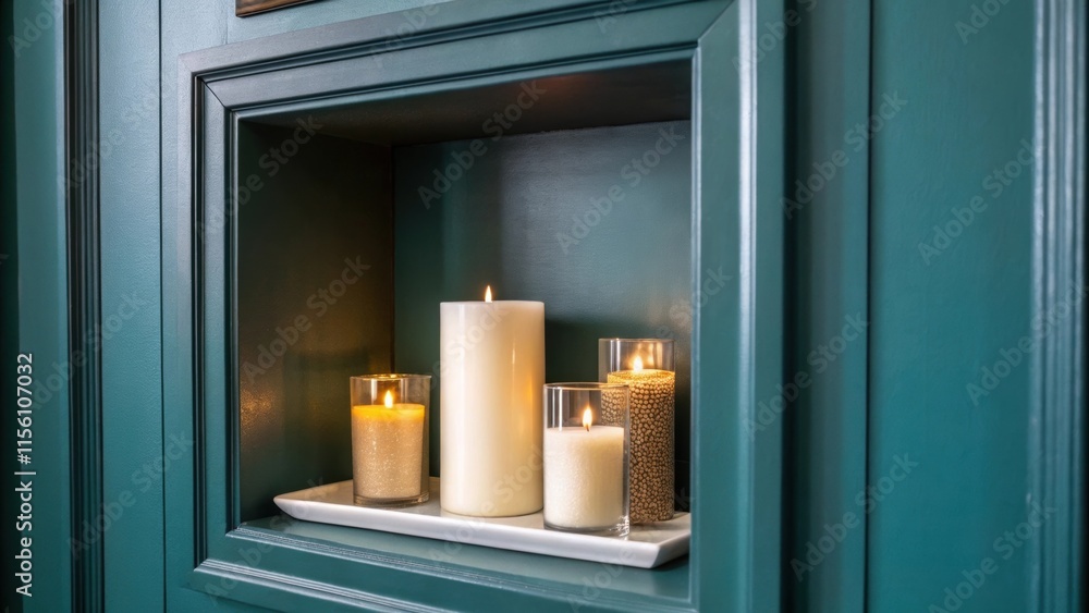 Poster an elegant closeup of a recessed shelf in a hallway featuring a collection of artful candles of diff