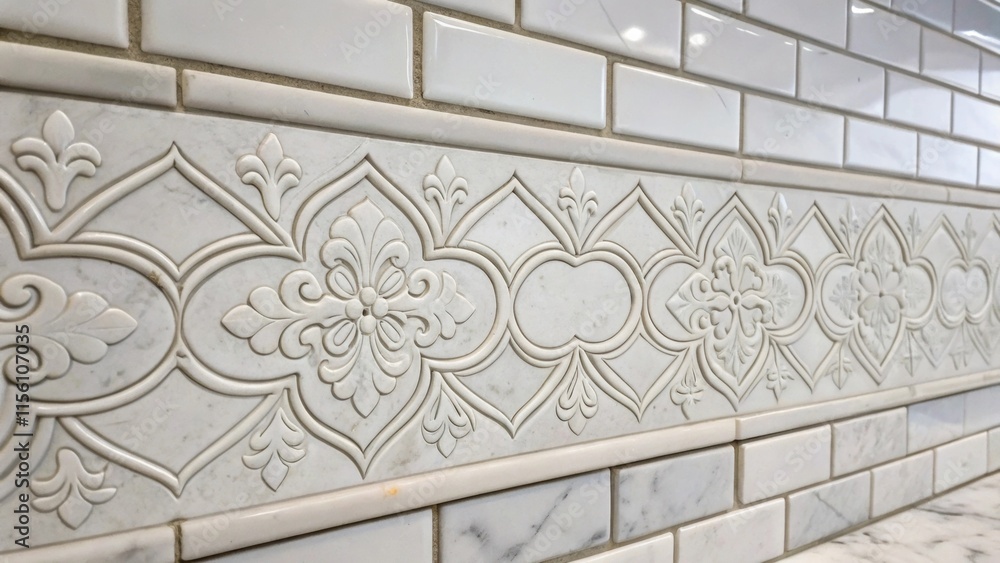 Fototapete An elegant marble subway tile backsplash featuring delicate s the fresh gray grout seamlessly integrating with the designs adding depth to the overall aesthetic.