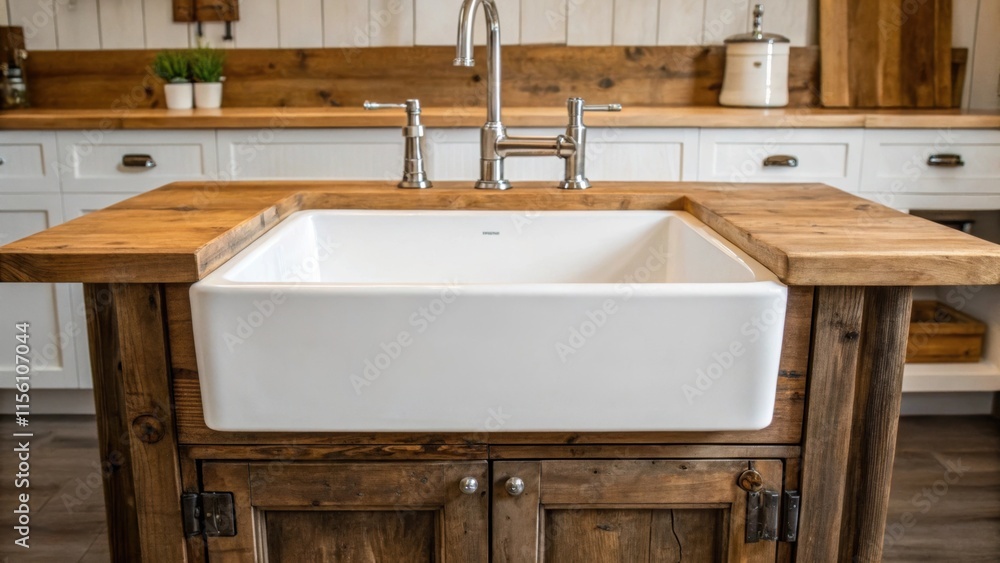 Poster an elegant farmhousestyle sink deep and white seamlessly installed in reclaimed wood with shiny chro
