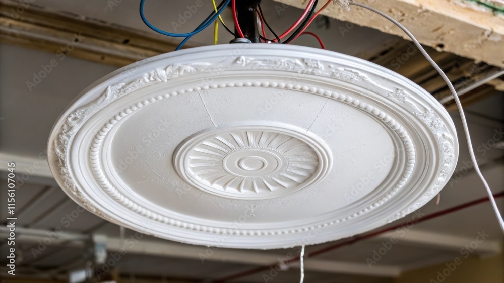 Poster an elegant closeup of a flat circular ceiling medallion the stark white surface contrasting with the