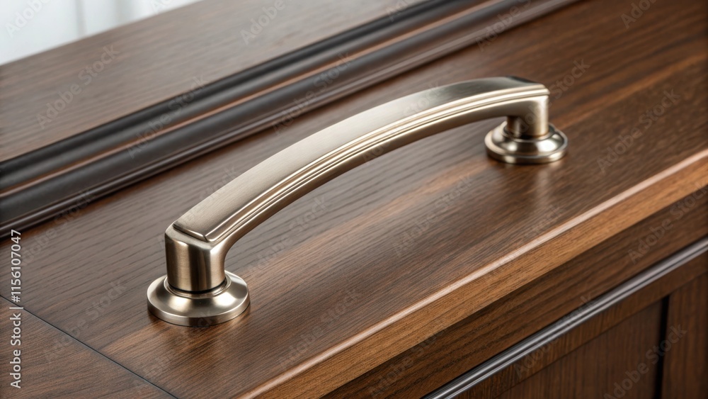 Poster An elegant brushed nickel handle elegantly positioned atop a dark walnut wood background emphasizing a blend of contemporary and traditional styles.