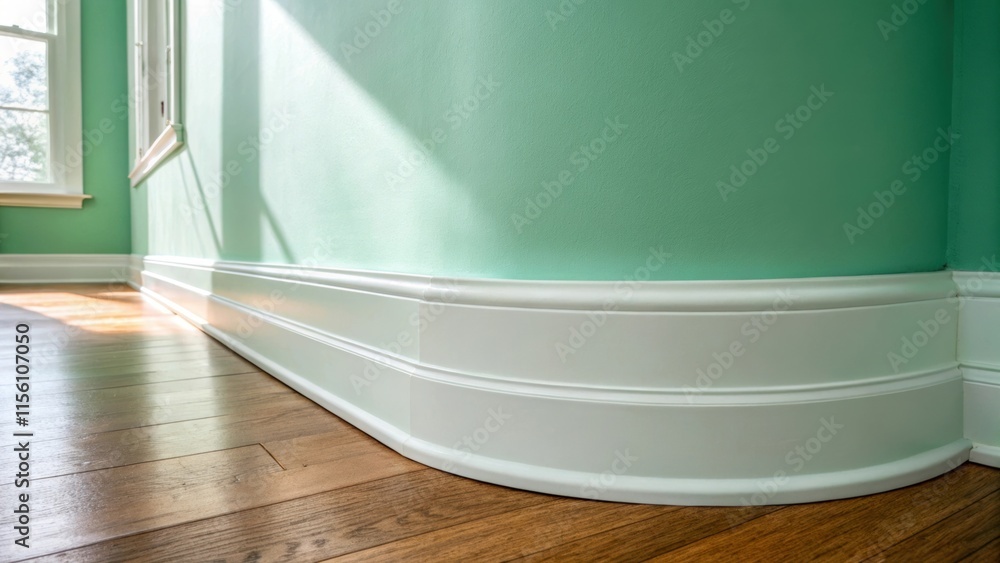 Leinwandbilder an elegant rounded baseboard hugs a fresh mint green wall reflecting sunlight and adding a touch of 