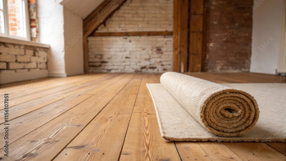 Poster An eclectic juxtaposition of textures featuring the smooth wooden floor and the soft fibers of a rolled rug both contributing to the unfinished yet inviting feel of the space.