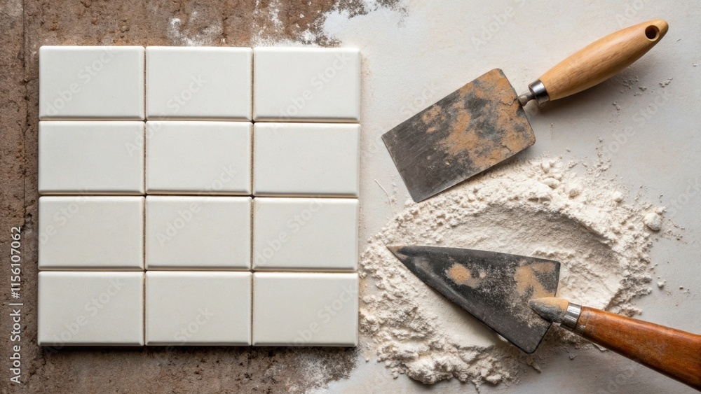 Poster a neatly organized stack of square ceramic tiles featured alongside a worn trowel on a backdrop of t