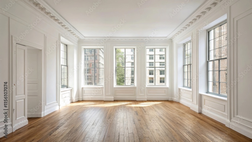 Poster an elegantly simple apartment interior with tall bright windows that stretch towards the ceiling. wh