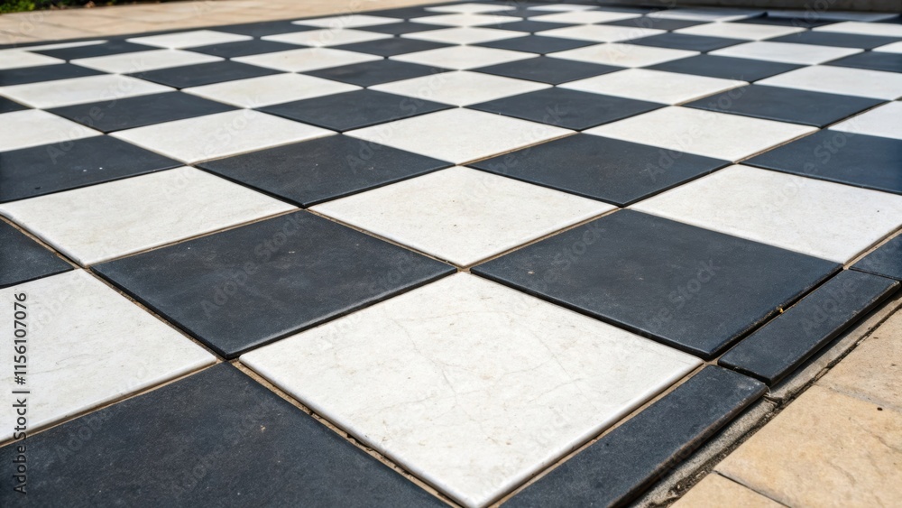 Poster A neatly arranged layout of matte black and white tiles forming a classic checkerboard pattern that contrasts sharply against the backdrop of a light surface.