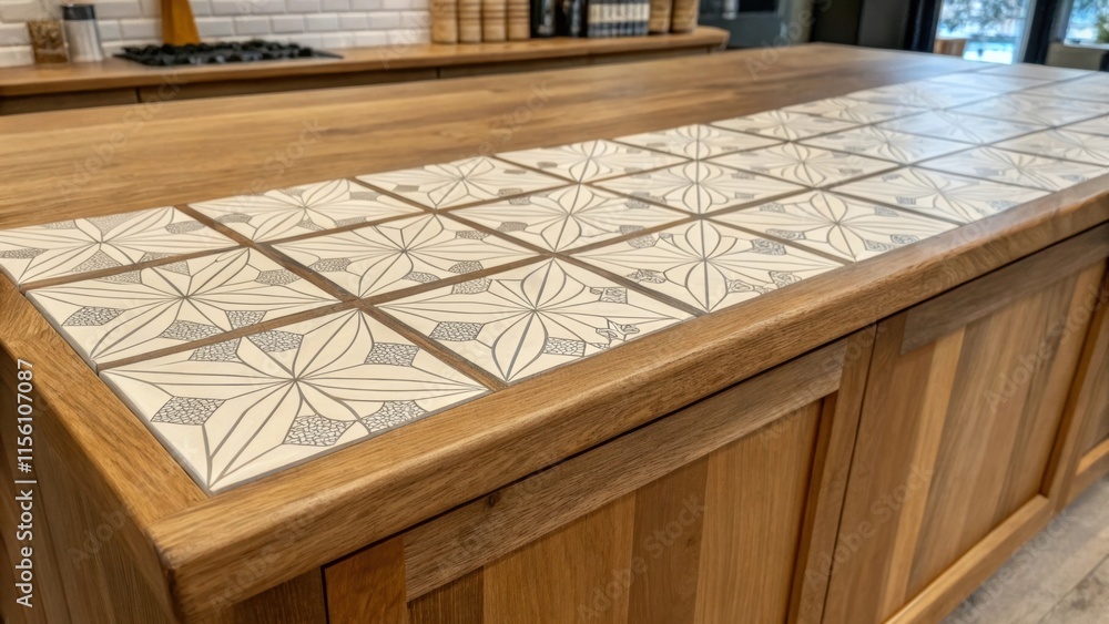Aufkleber A natural wood countertop smooth and with a few rows of geometric patterned tiles laid out like a puzzle inviting completion.