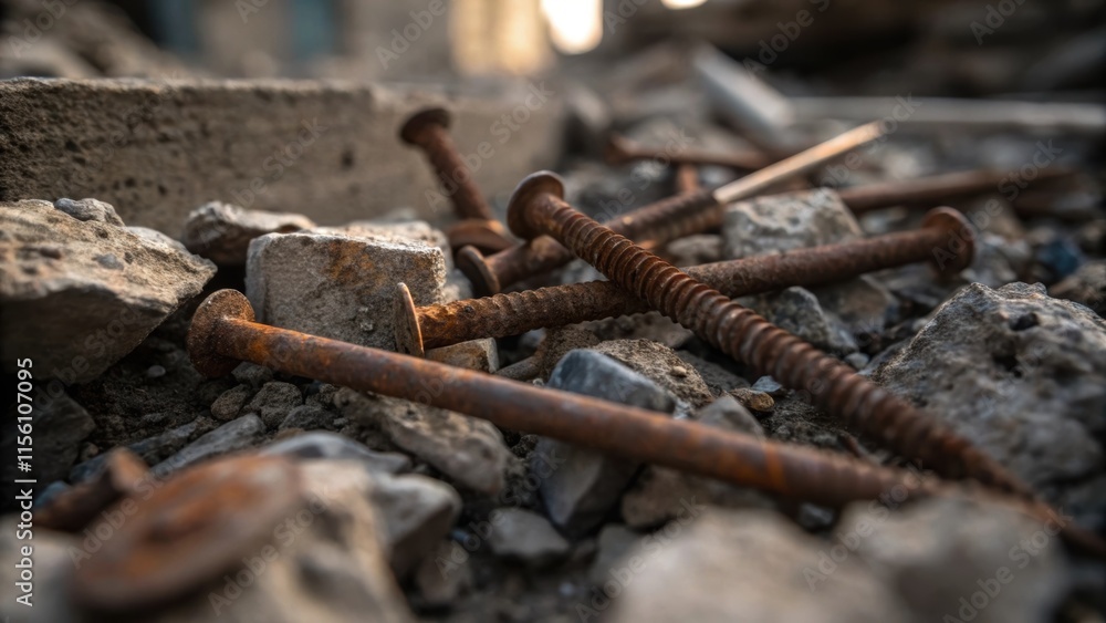 Poster an assortment of rusty nails and screws partially buried in the rubble reflecting light with a dull 