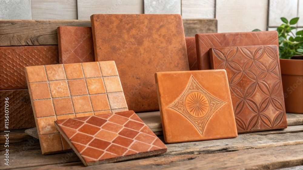 Poster An assortment of terracotta tiles in varying sizes their warm earthy tones complemented by a rustic surface texture evoking a cozy inviting atmosphere.