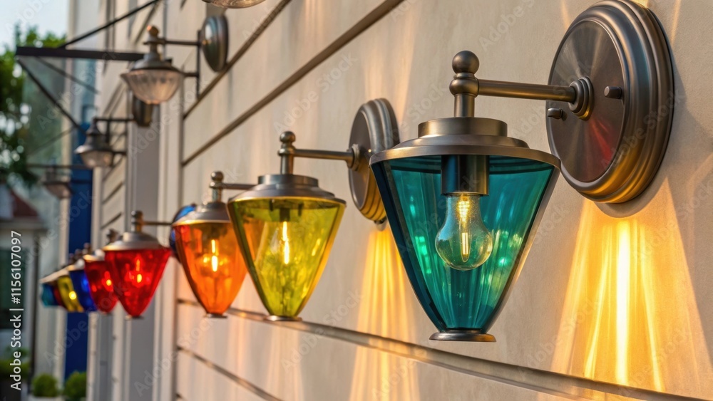 Poster an assortment of stylish wallmounted fixtures featuring colored glass shades positioned in an artist