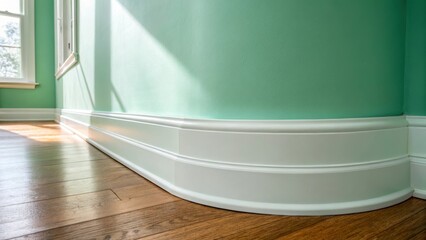 An elegant rounded baseboard hugs a fresh mint green wall reflecting sunlight and adding a touch of warmth to the otherwise cool color palette.