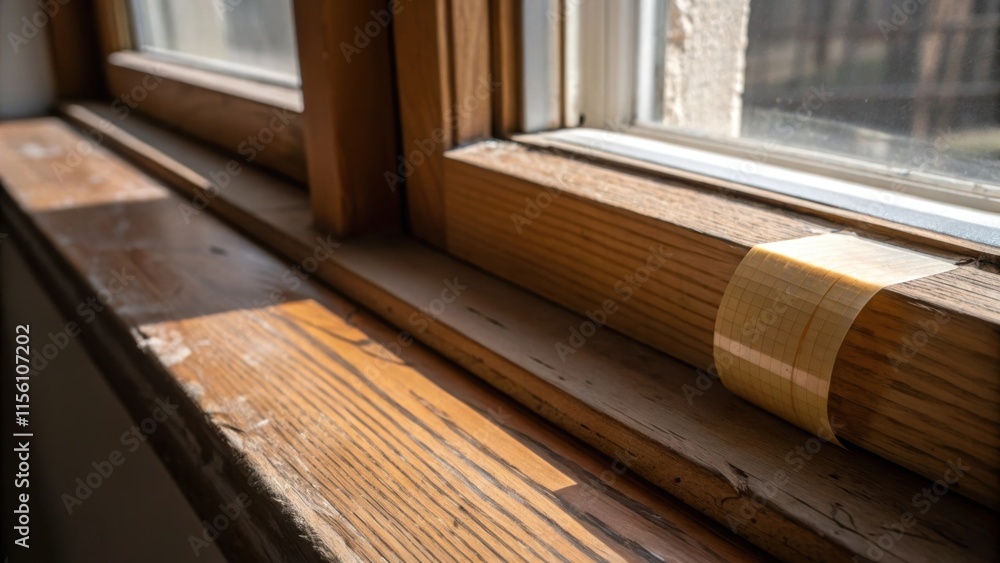 Poster An artistic closeup of a window ledge emphasizing the play of light and shadow. The protective tape lies snugly against the surface juxtaposed with the rawness of the exposed wood.