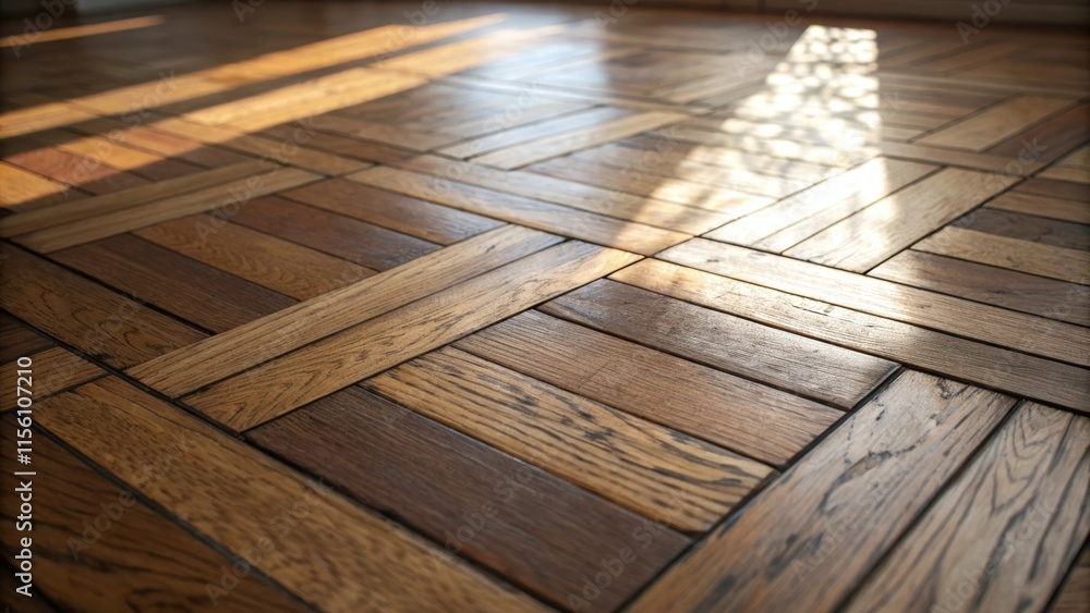 Fototapete an artistic closeup of sunlight streaming onto the parquet pieces highlighting their textures and co