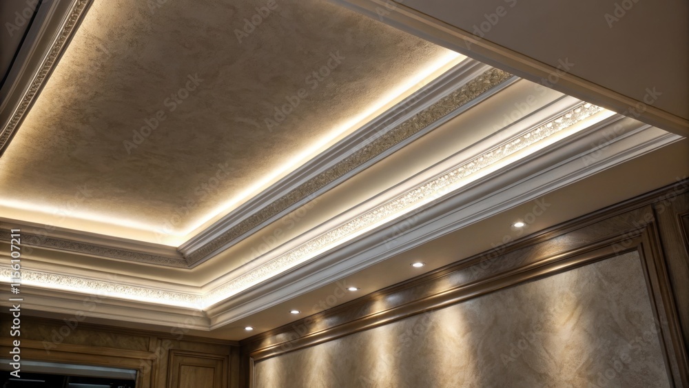 Poster An artistic closeup capturing the interplay of light and shadow created by a recessed light with fine details of the ceilings finish highlighted.