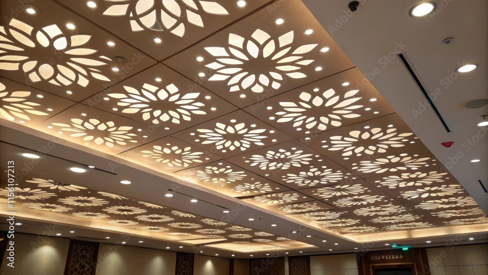 Poster an artistic ceiling design where irregularly shaped recessed lighting outs seem to dance across the 