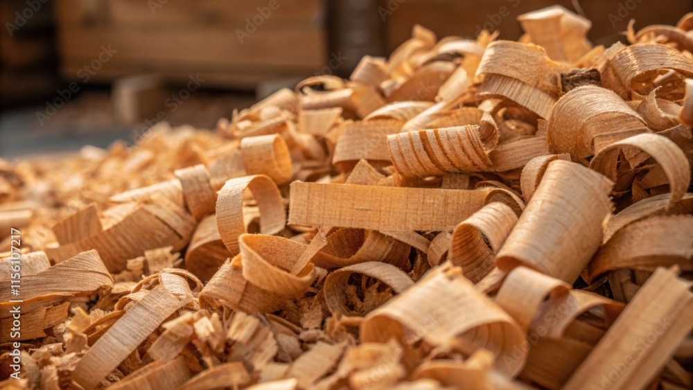 Poster An artistic capture of densely packed wood shavings emphasizing the chaotic yet appealing nature of the shavings as they pile together in a jumbled mass exuding warmth and