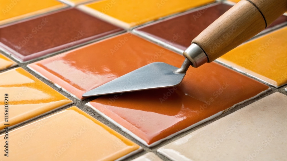 Aufkleber An artistic closeup of a single vibrant ceramic tile the edges sharp and clean with the tip of a trowel partially visible ready to apply a smooth layer of grout beneath.