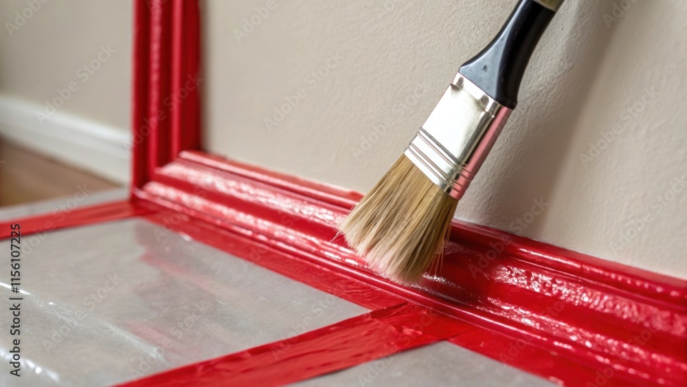 Poster An artistic closeup capturing a paintsaturated brush hovering above a wall with gleaming red painters tape framing the area for an accurate accent.