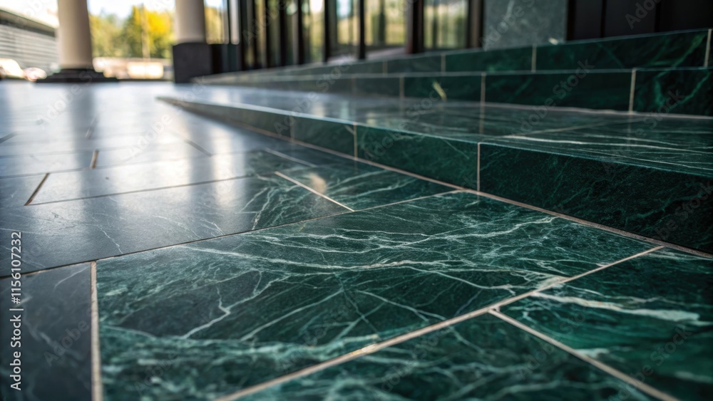 Poster an artistic angle of a of dark green marble tiles presenting an elegant interplay of light and shado