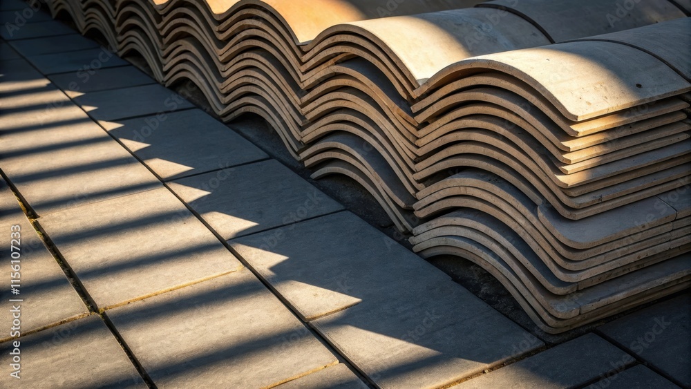 Poster An artistic angle shows a pile of tiles with shadows playing across their surfaces accentuating the curved edges and sharp corners where they meet.