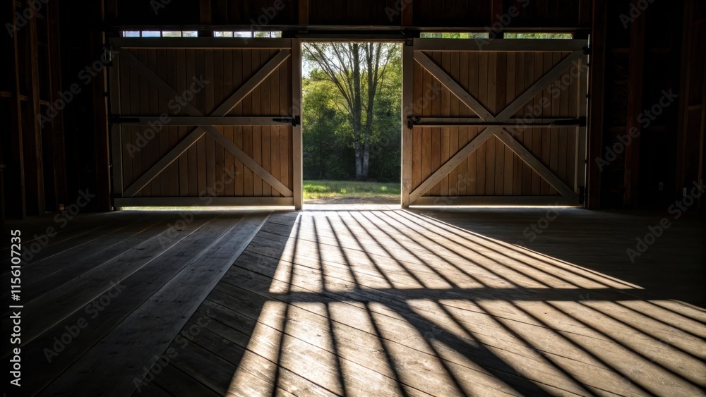 Aufkleber An artistic angle that captures the shadows cast by the barn door as it opens partially creating a play of light and dark across the floor.