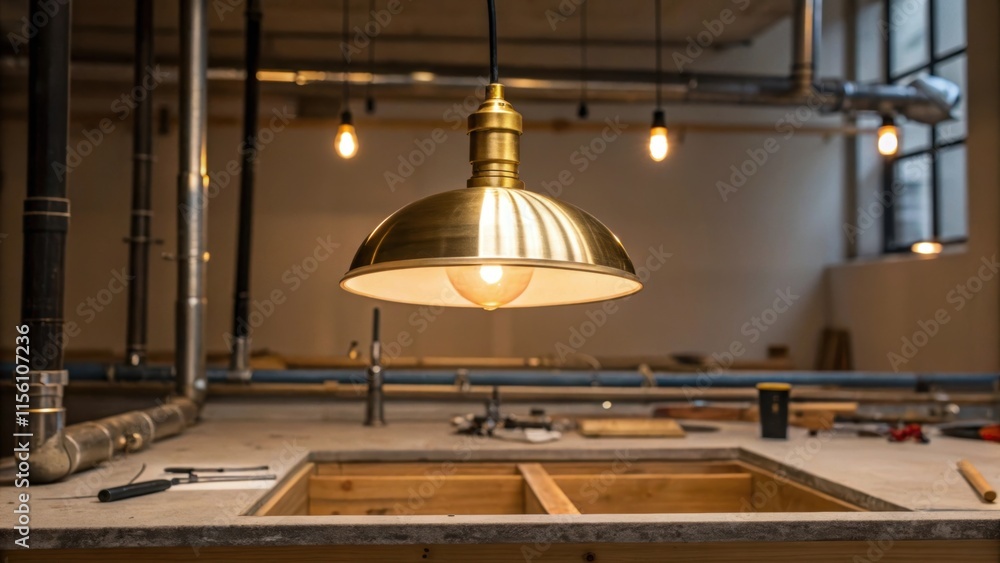 Poster an artistic angle of a hanging pendant light casting warm illumination over an unfinished work surfa