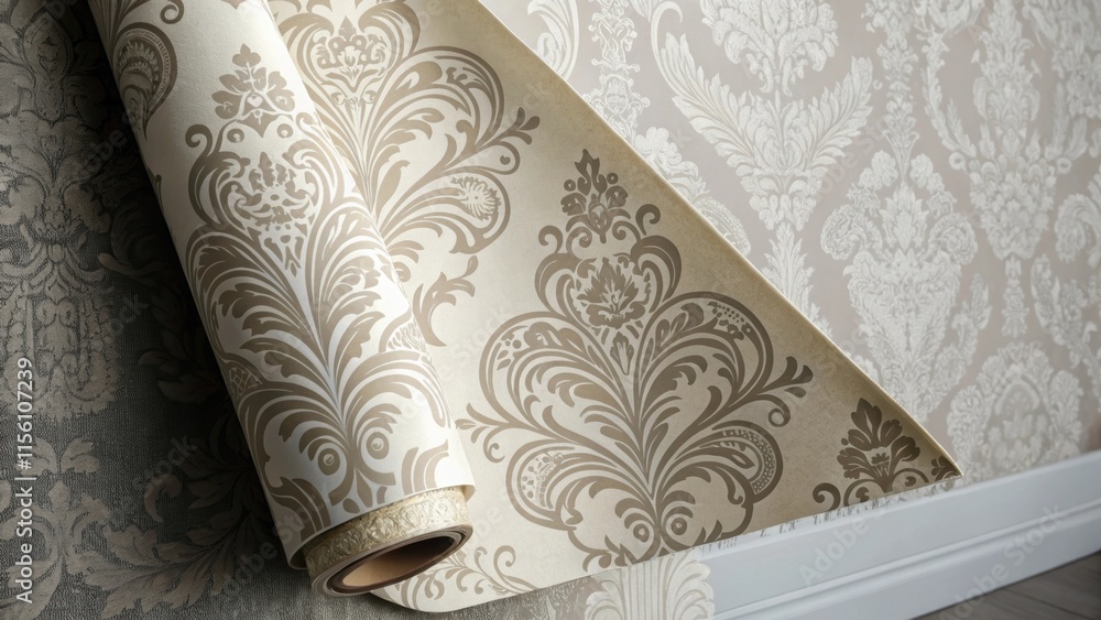 Aufkleber an artistically angled photograph of a wallpaper roll halfdraped against the wall featuring intricat