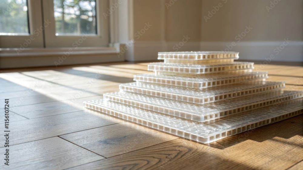 Poster an artistic angle revealing a layered stack of clear tile spacers sitting on a light oak floor sunli