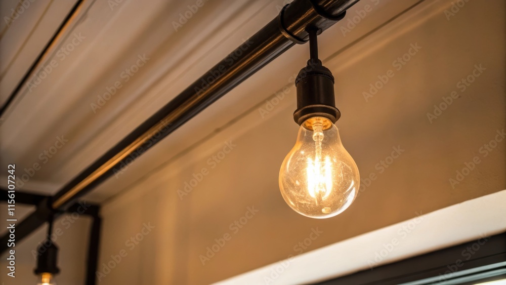 Fototapete An artistic angle focuses on a single bulb in a minimalist track light fixture its warm glow highlighting the unseen contours of the ceiling and adding depth to the space.