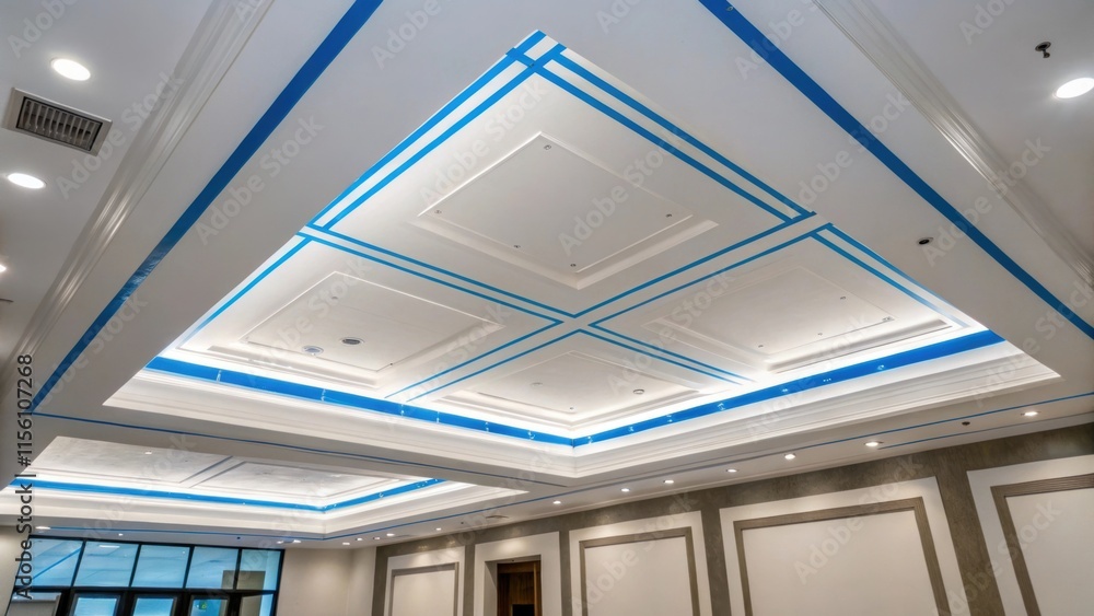 Aufkleber an artistic angle capturing the white ceiling juxtaposed with the crisp blue tape emphasizing the mo