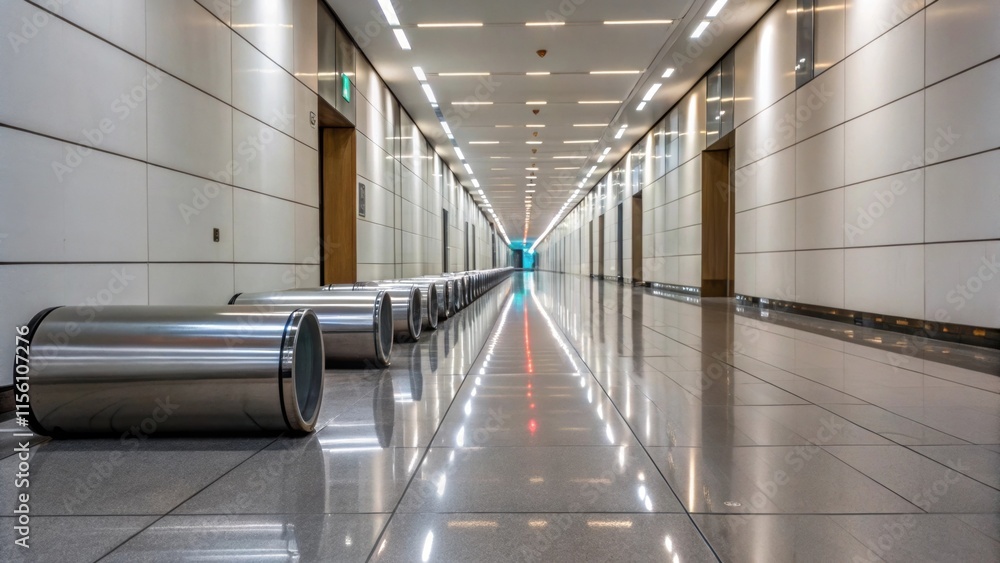 Poster A narrow bright hallway featuring a row of sleek cylindrical fixtures sprawled out on the cool tile floor the reflections creating a rhythmic pattern that draws the eye forward.