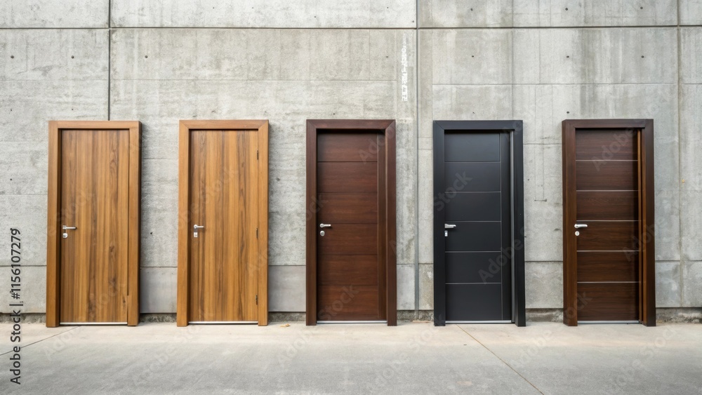 Poster an array of prehung doors stands leaning against a concrete wall the contrast between the sleek wood