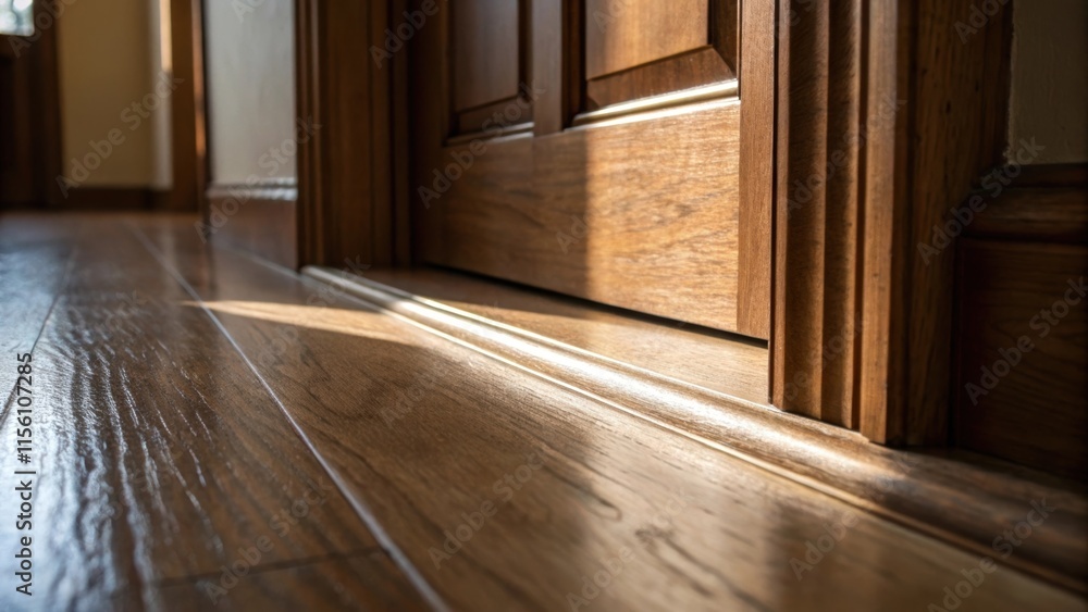 Poster An artistic angle capturing the smooth line where the door meets the floor the grain of the wood reflecting light and shadow accentuating its inviting surface.