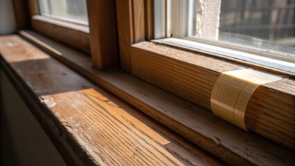An artistic closeup of a window ledge emphasizing the play of light and shadow. The protective tape lies snugly against the surface juxtaposed with the rawness of the exposed wood.