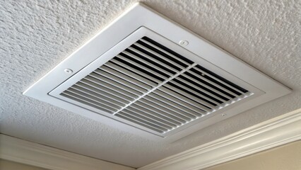 An artistic closeup of a vent reflects the rooms ambient conditions with a slight shadow hinting at the depth of the installation. The ceilings flawless surface enhances the vents