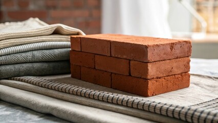 An artistic capture of brick veneer sitting atop a textured fabric the juxtaposition of materials creating an engaging visual contrast while conveying the renovation theme.
