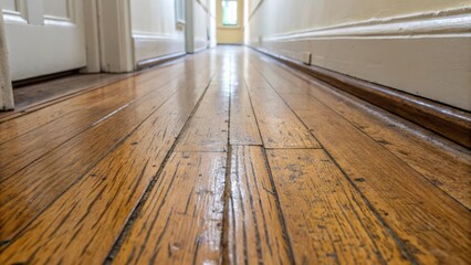 A narrow view along a strip of floor where the last remnants of a thick coating can be seen flaking away with the underlying wood exposed in vibrant detail ready to embrace the new