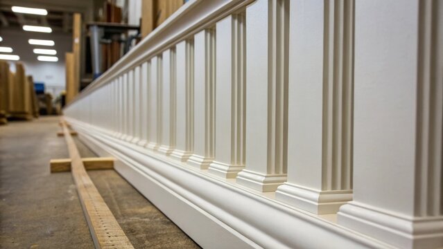 A narrow perspective shot of tall slender molding strips lined up emphasizing their smooth unblemished surfaces and straight lines ready for installation.