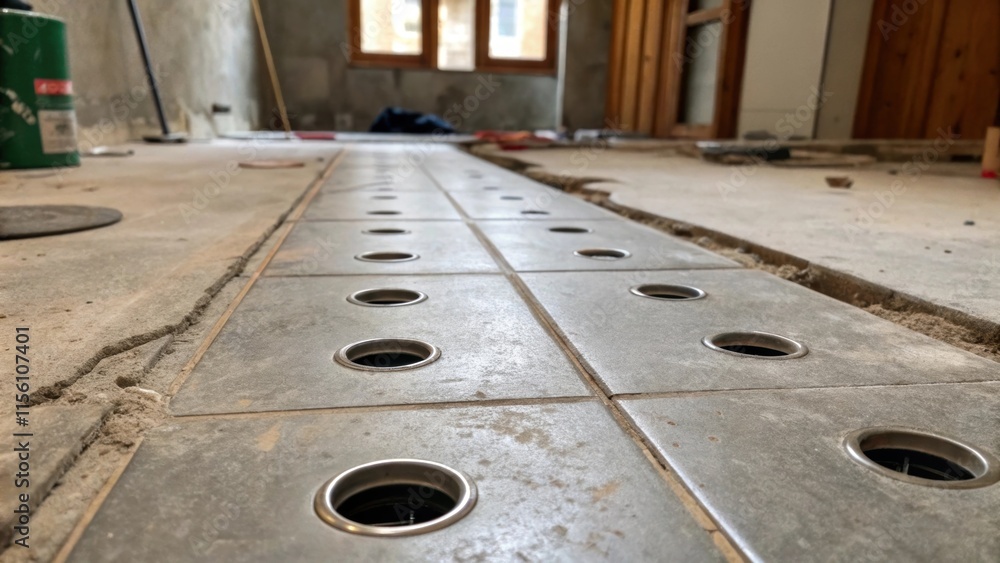 Poster an angled view of the bathroom floor featuring several drainage holes their shiny surfaces contrasti