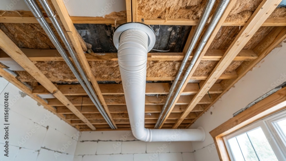 Poster an angled view of the main plumbing vent pipe breaking through an unfinished ceiling the raw edges o
