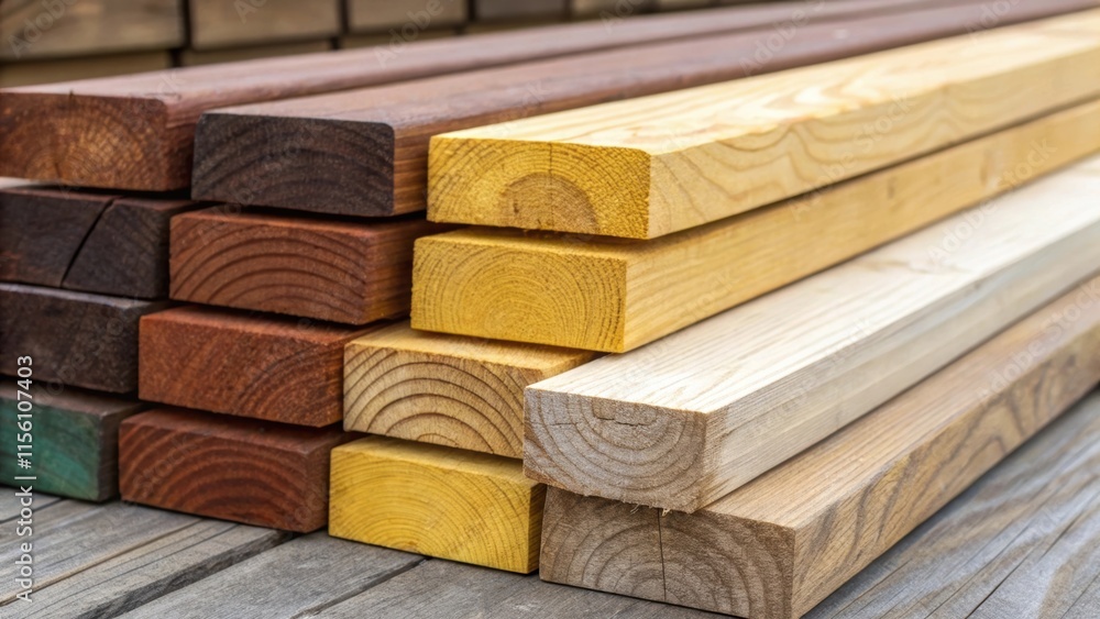 Aufkleber An angled view of the ends of several stacked wood planks showing the distinct variations in colors - some with rich browns and others with pale yellows - creating an aesthetically