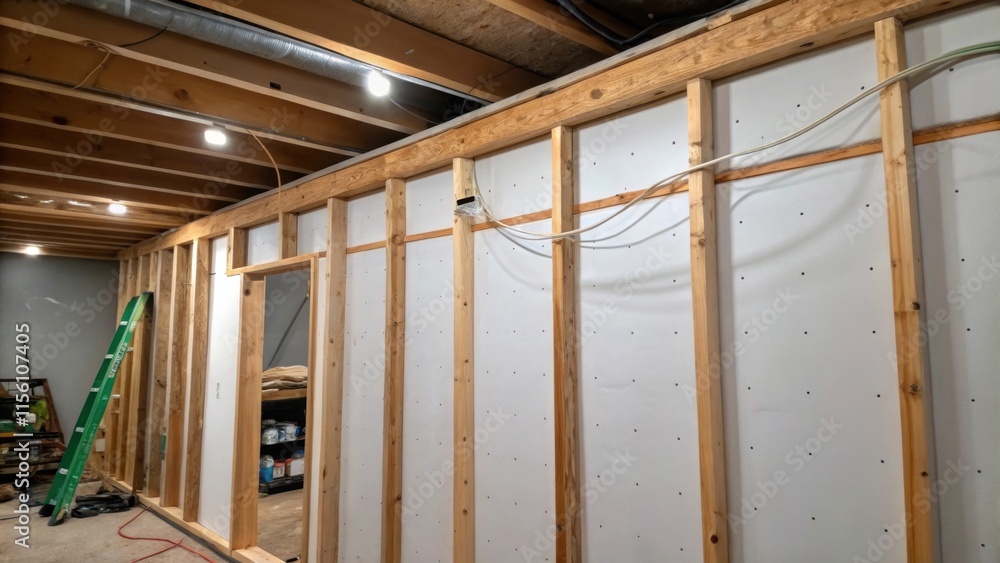 Poster an angled view of a wall showing the framing behind the drywall with wires snaking through ready for